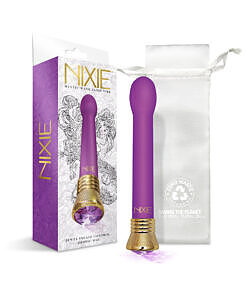 Amethyst satin bulb vibe with jewel-inlaid button and illuminated LED base next to its storage bag on a bathroom counter