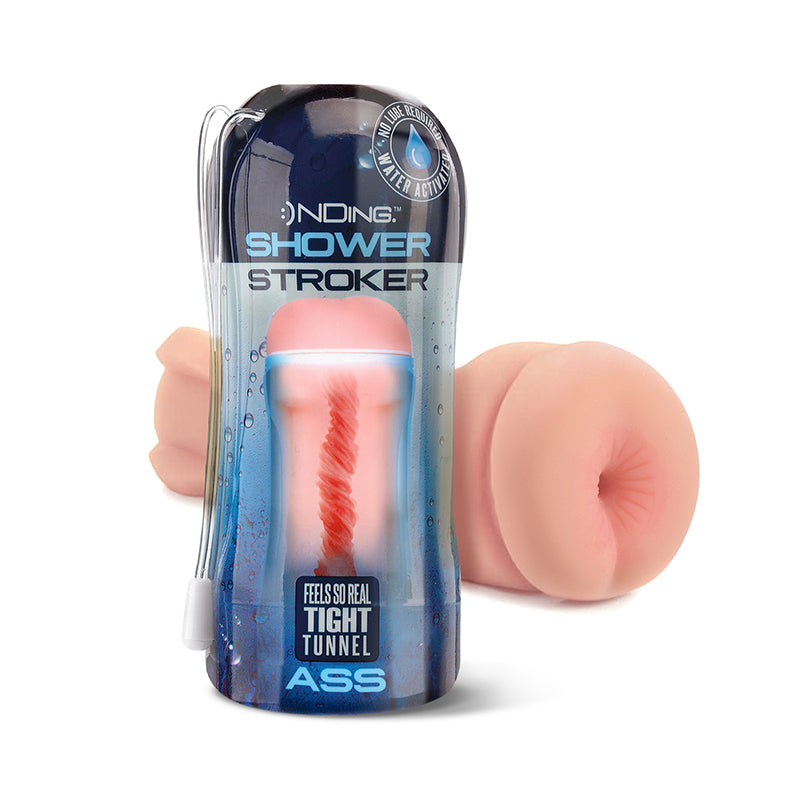 Beige self-lubricating shower stroker with tight tunnel texture