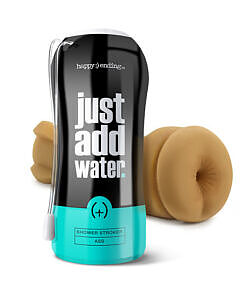Self Lubricating Shower Stroker - Ass in translucent blue with hanging cord on wet shower tiles.