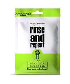 semi-translucent Whack Pack Egg stroker on a white background with resealable storage pouch