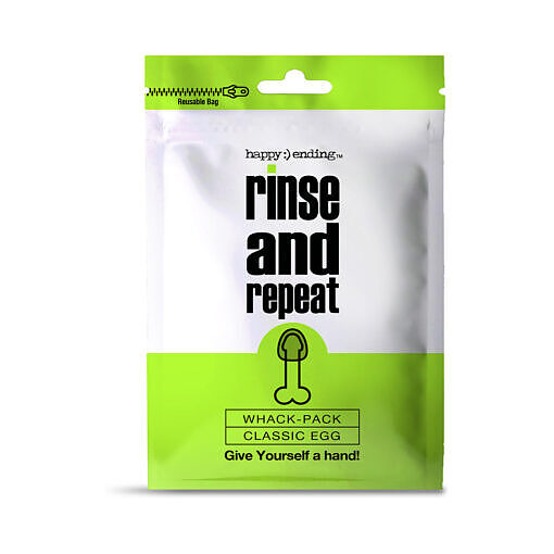 semi-translucent Whack Pack Egg stroker on a white background with resealable storage pouch