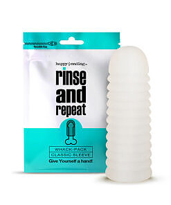 Happy Ending Whack Pack sleeve - frosted semi-translucent textured masturbator sleeve with resealable storage pouch on a clean surface