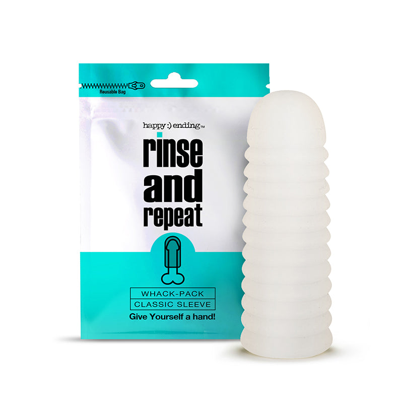 Happy Ending Whack Pack sleeve - frosted semi-translucent textured masturbator sleeve with resealable storage pouch on a clean surface