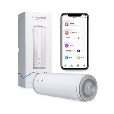 Close-up of Lovense Max 2 app-controlled vibrating masturbator with neutral sleeve on white background