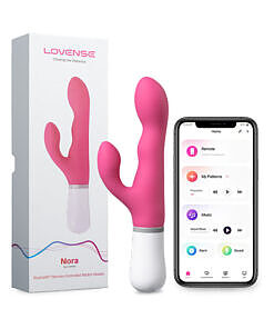 Lovense Nora bluetooth rabbit vibrator with rotating head and vibrating clitoral arm on white background