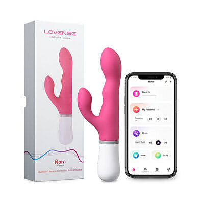 Lovense Nora bluetooth rabbit vibrator with rotating head and vibrating clitoral arm on white background