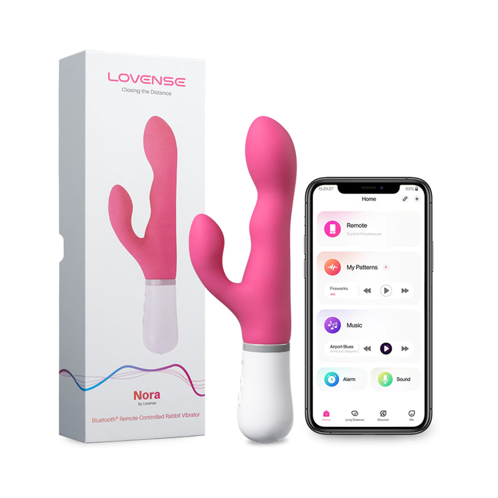 Lovense Nora bluetooth rabbit vibrator with rotating head and vibrating clitoral arm on white background