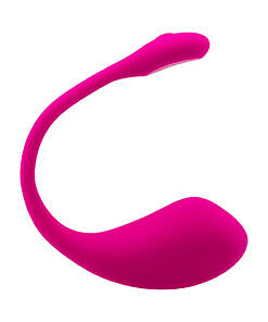 Lovense Lush 2 pink Bluetooth egg vibrator on a white surface with charging case and USB cable.