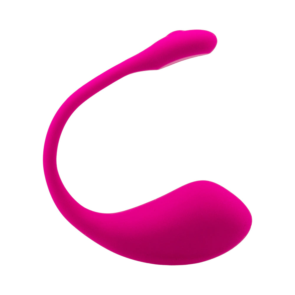 Lovense Lush 2 pink Bluetooth egg vibrator on a white surface with charging case and USB cable.