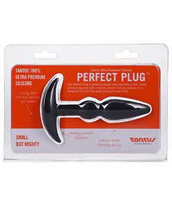 Black Tantus Perfect Plug anal plug with velvety silicone finish and removable bullet vibrator next to storage pouch.