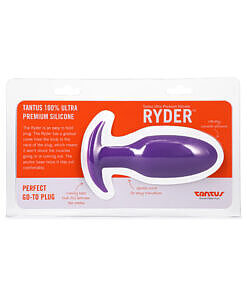 Lilac silicone Tantus Ryder anal plug with gradual curve on white background.