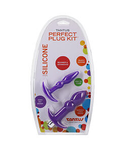 Lilac-colored Tantus Perfect Plug Anal Plug Kit showing small and large plug with silicone texture.
