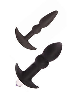 Tantus Perfect Plug Anal Plug Kit Onyx with two black silicone plugs and vibrating bullet on white background.