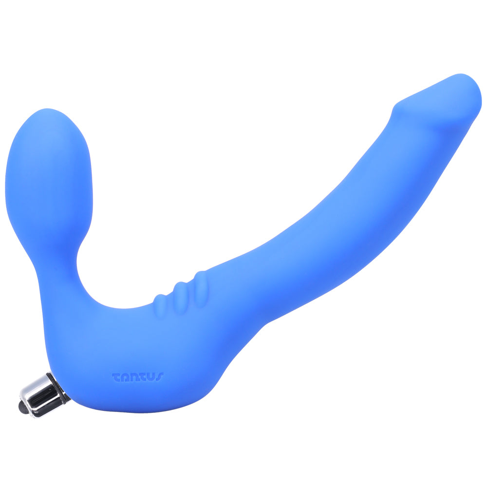 Tantus Strapless Slim Vibrating Strap-On Azure silicone toy shown on a clean white background