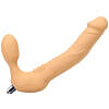 Honey-colored silicone strapless vibrating strap-on with curved shaft and internal bulb on a plain background.
