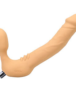 Honey-colored silicone strapless vibrating strap-on with curved shaft and internal bulb on a plain background.