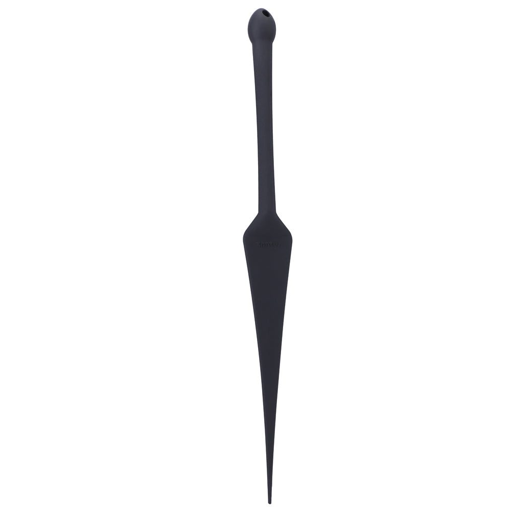 Tantus Dragon Tail Silicone Paddle hanging next to other impact toys with red and black silicone finish.
