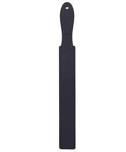 Tantus Snap Strap Paddle Onyx (Hanging) - flexible silicone impact strap paddle with flat handle for bitey sting sensation.