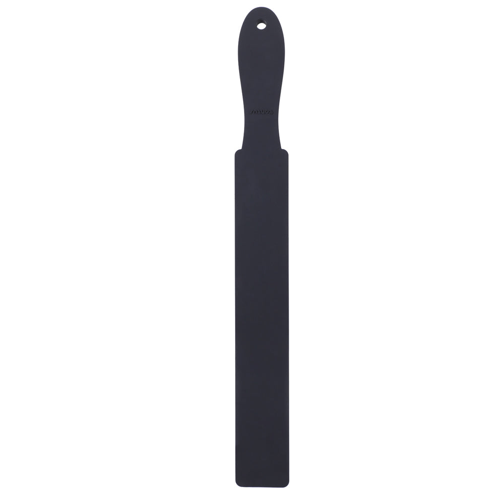 Tantus Snap Strap Paddle Onyx (Hanging) - flexible silicone impact strap paddle with flat handle for bitey sting sensation.