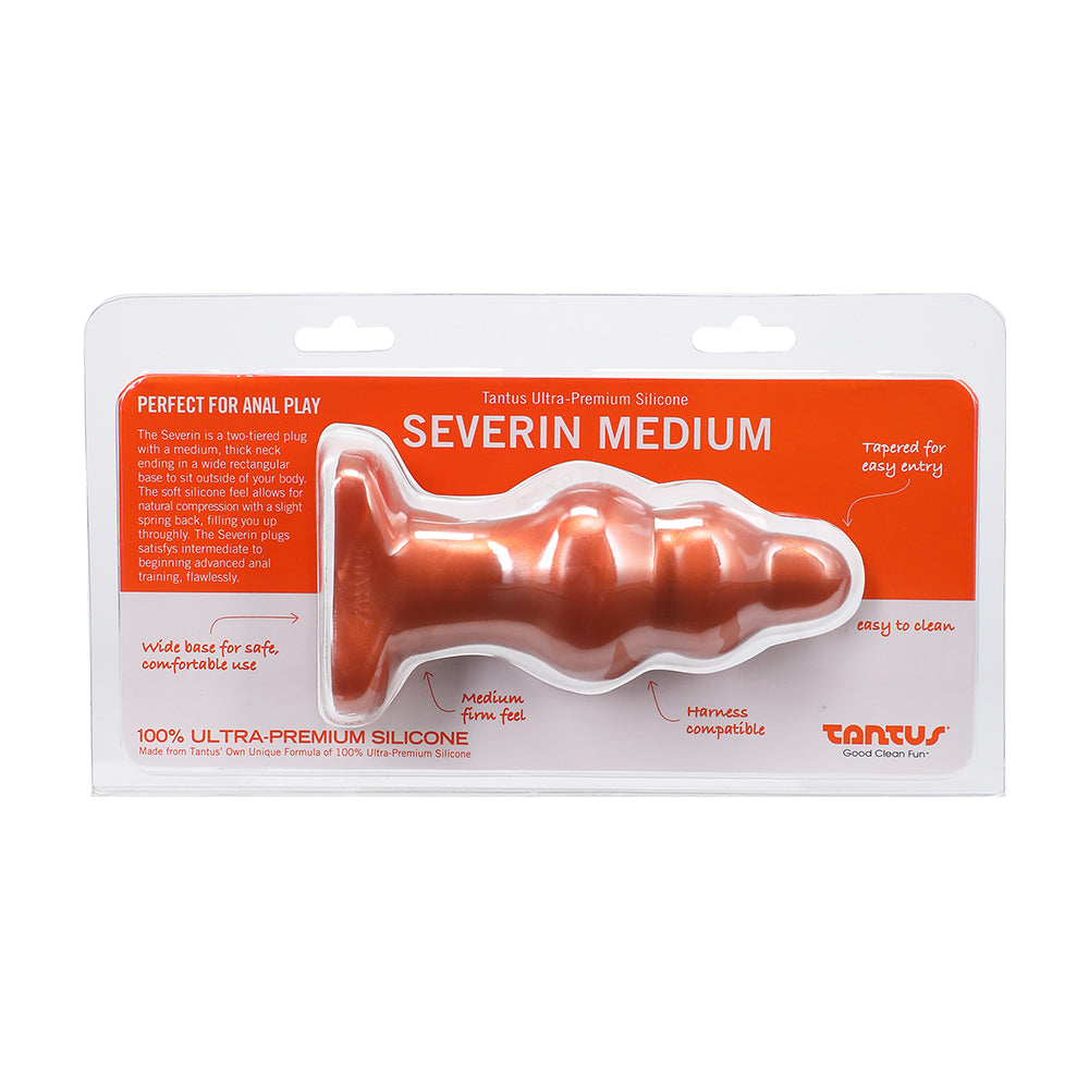 Copper Tantus Severin Medium Anal Plug showing two-tiered shape against a white backdrop.
