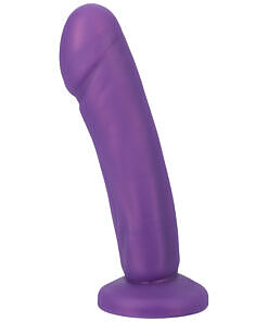 Tantus Vamp Super Soft Dildo Amethyst held against a purple backdrop