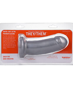 Tantus They/Them Super Soft Dildo Silver lying on a white background