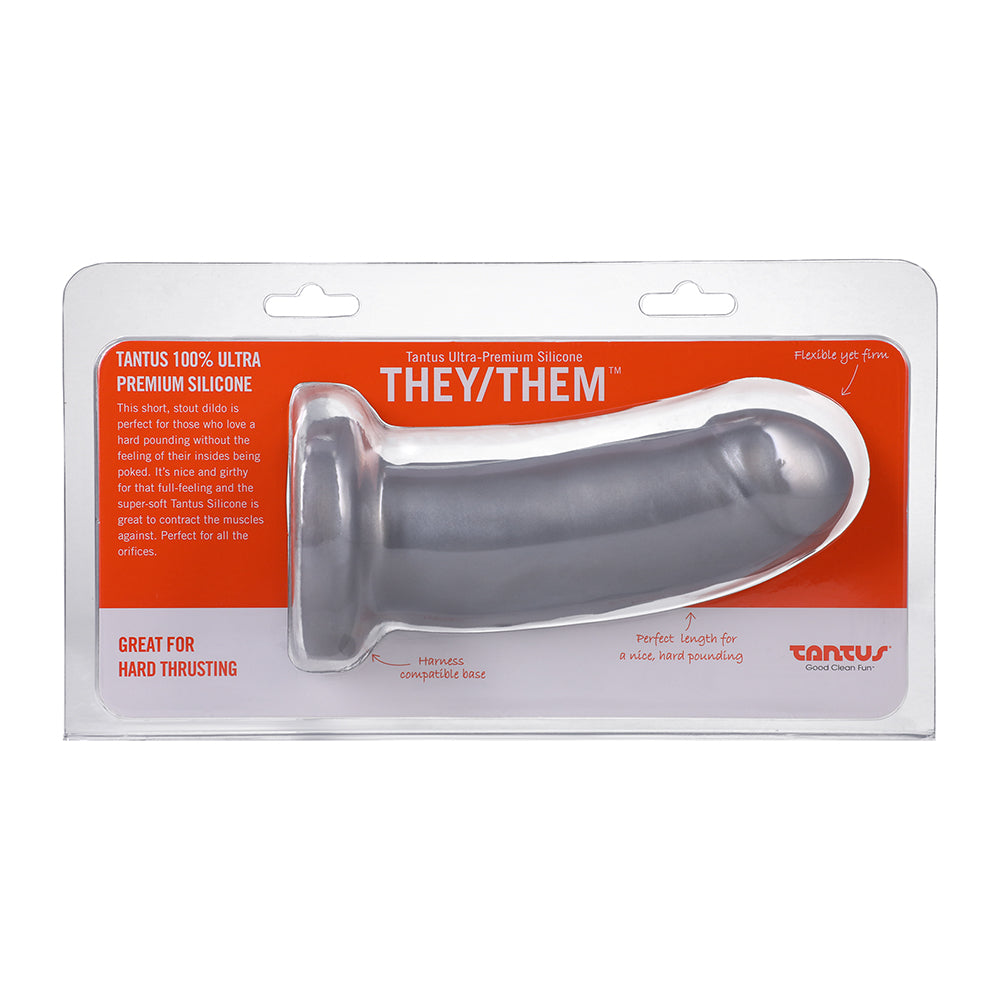Tantus They/Them Super Soft Dildo Silver lying on a white background