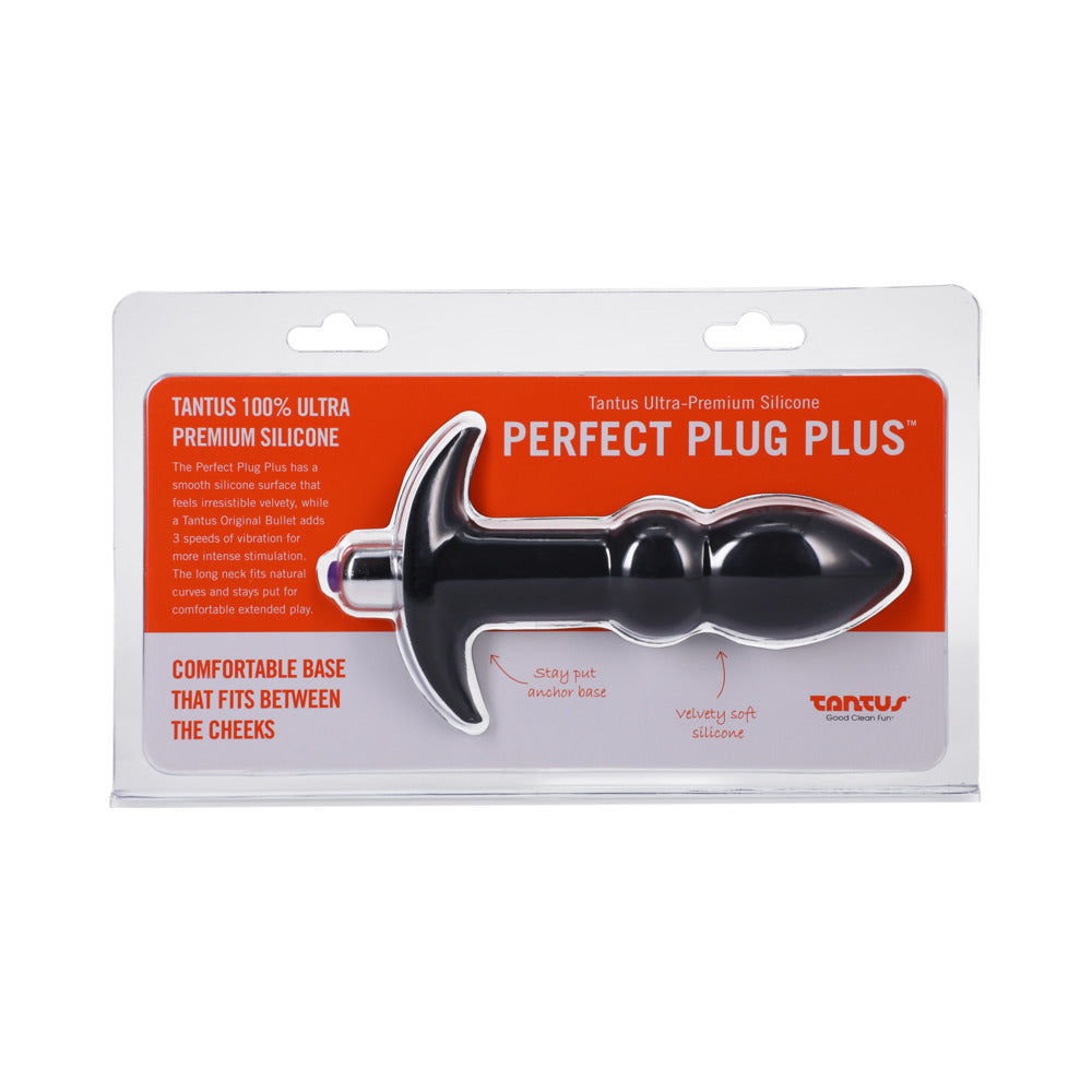 Tantus Perfect Plug Plus Vibrating Anal Plug Onyx with smooth black silicone body and removable bullet.