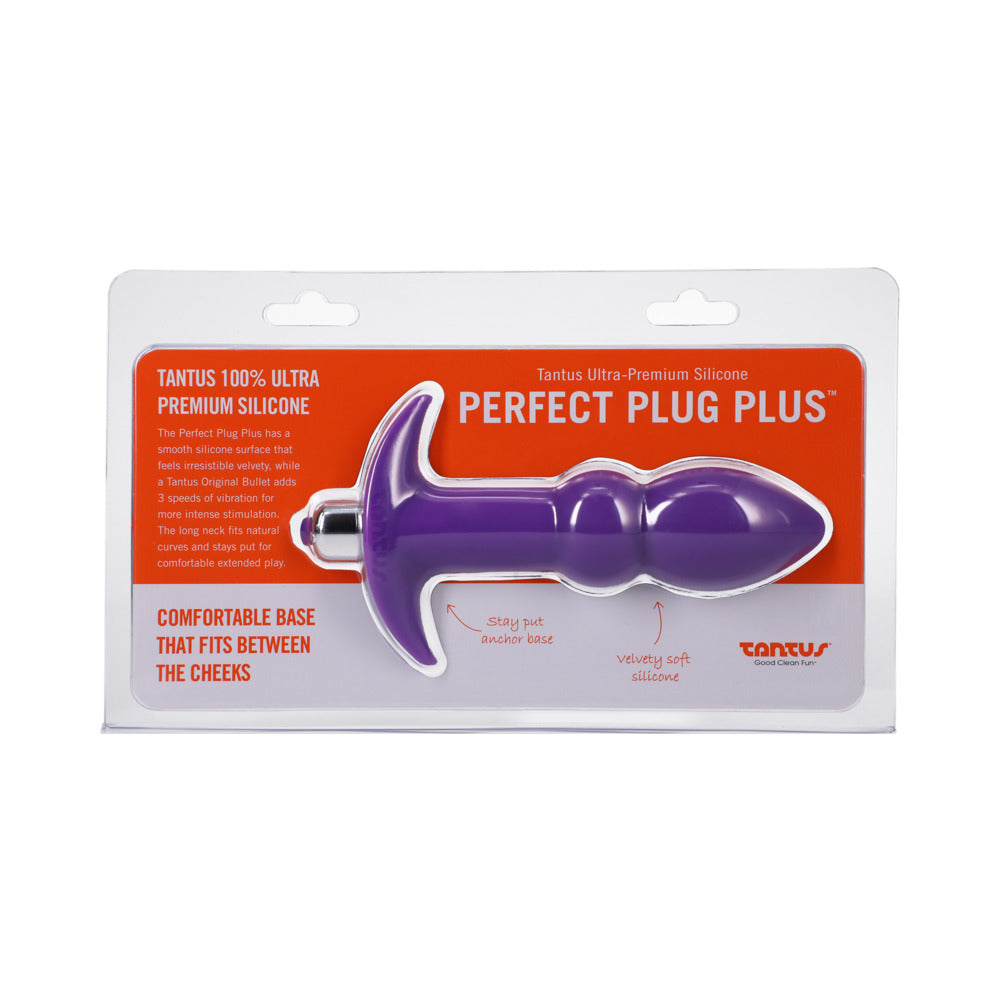 Tantus Perfect Plug Plus vibrating anal plug in lilac with smooth silicone and removable bullet on white