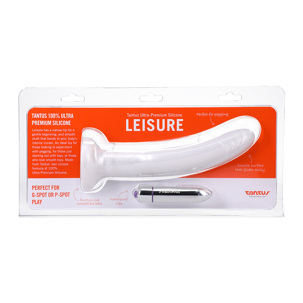 Tantus Leisure Vibrating Dildo Pearl with velvet silicone shaft and waterproof bullet on white background