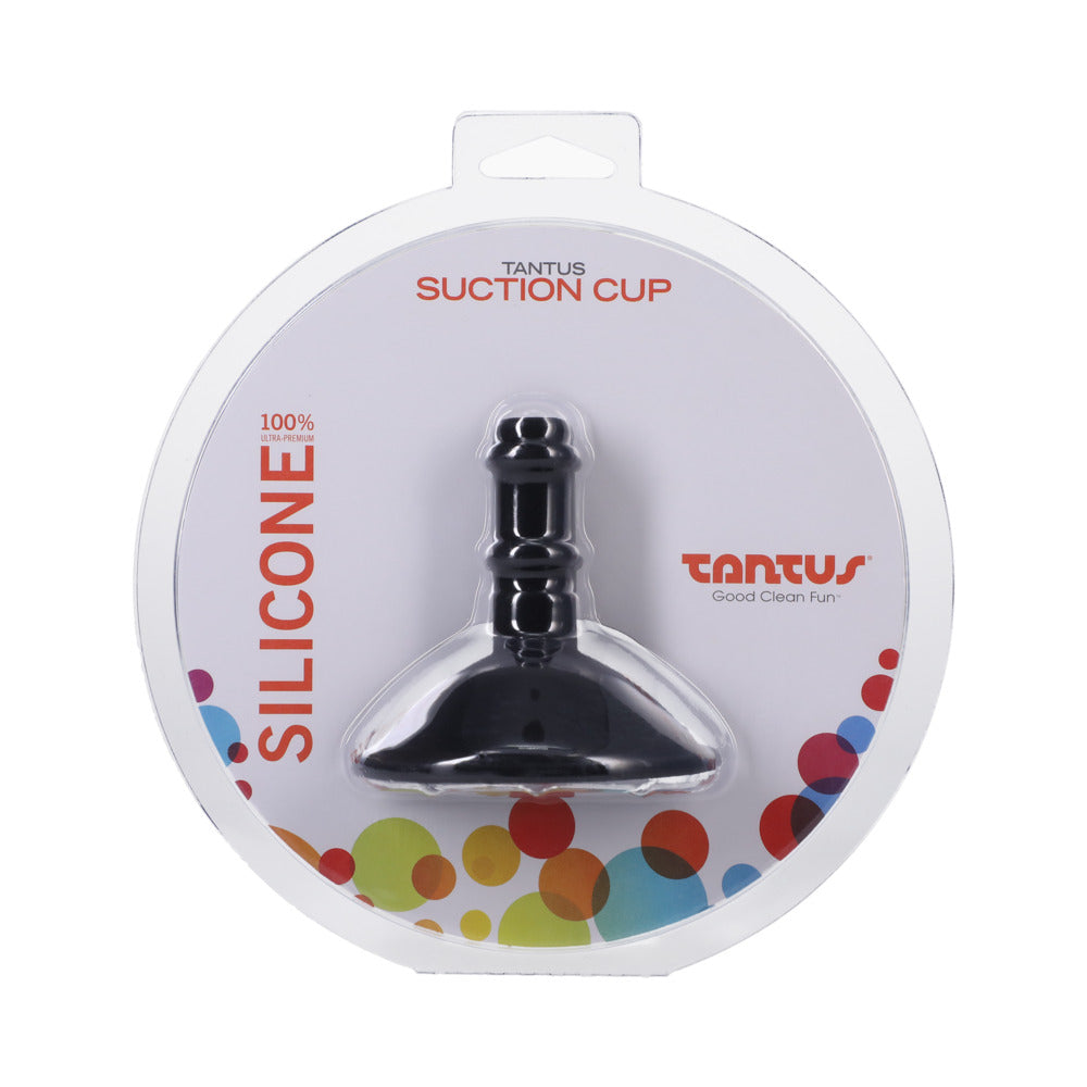 Tantus Suction Cup Attachment Onyx black silicone suction cup on a white background