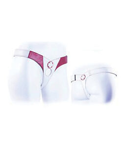 Tantus Nurse Connoisseur Strap-On Harness laid flat with red cross accents and black webbing