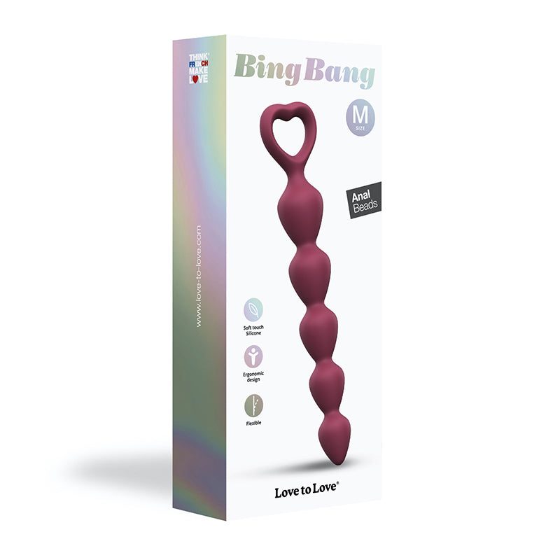 Love to Love Bing Bang Silicone Anal Beads Prune Medium with 7 graduated beads and heart-shaped handle
