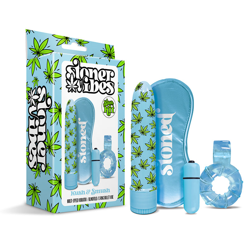 Stoner Vibes Stash Kit Kush and Smush four-piece pleasure set with multi-speed vibrator and silky accessories.