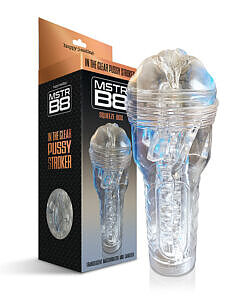 In The Clear Pussy Stroker translucent sleeve with visible nubby texture inside a squeeze box canister on white background.