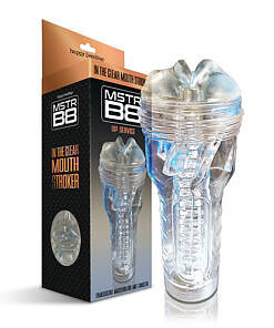 Translucent Happy Endings MSTR B8 clear mouth stroker canister with textured sleeve on a white background.