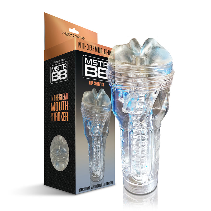 Translucent Happy Endings MSTR B8 clear mouth stroker canister with textured sleeve on a white background.