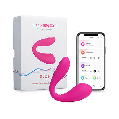Lovense Dolce Dual Vibrator adjustable Bluetooth dual stimulation toy with flexible neck and USB charging cable.