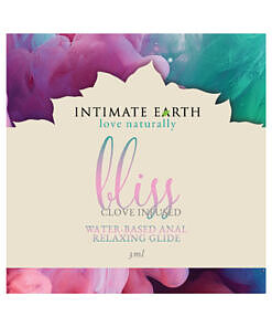 Intimate Earth Bliss Anal Relaxing Waterbased Glide 3ml foil packet with clove-infused glide on white background
