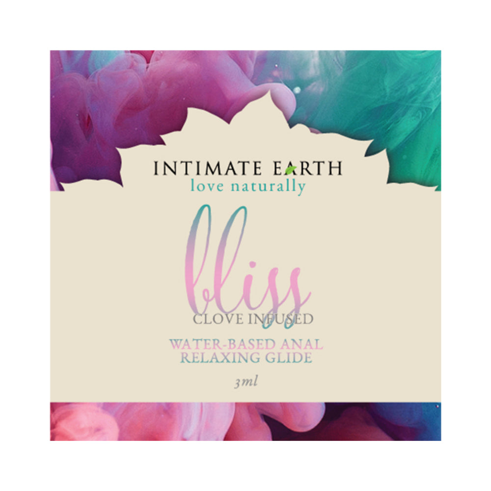 Intimate Earth Bliss Anal Relaxing Waterbased Glide 3ml foil packet with clove-infused glide on white background