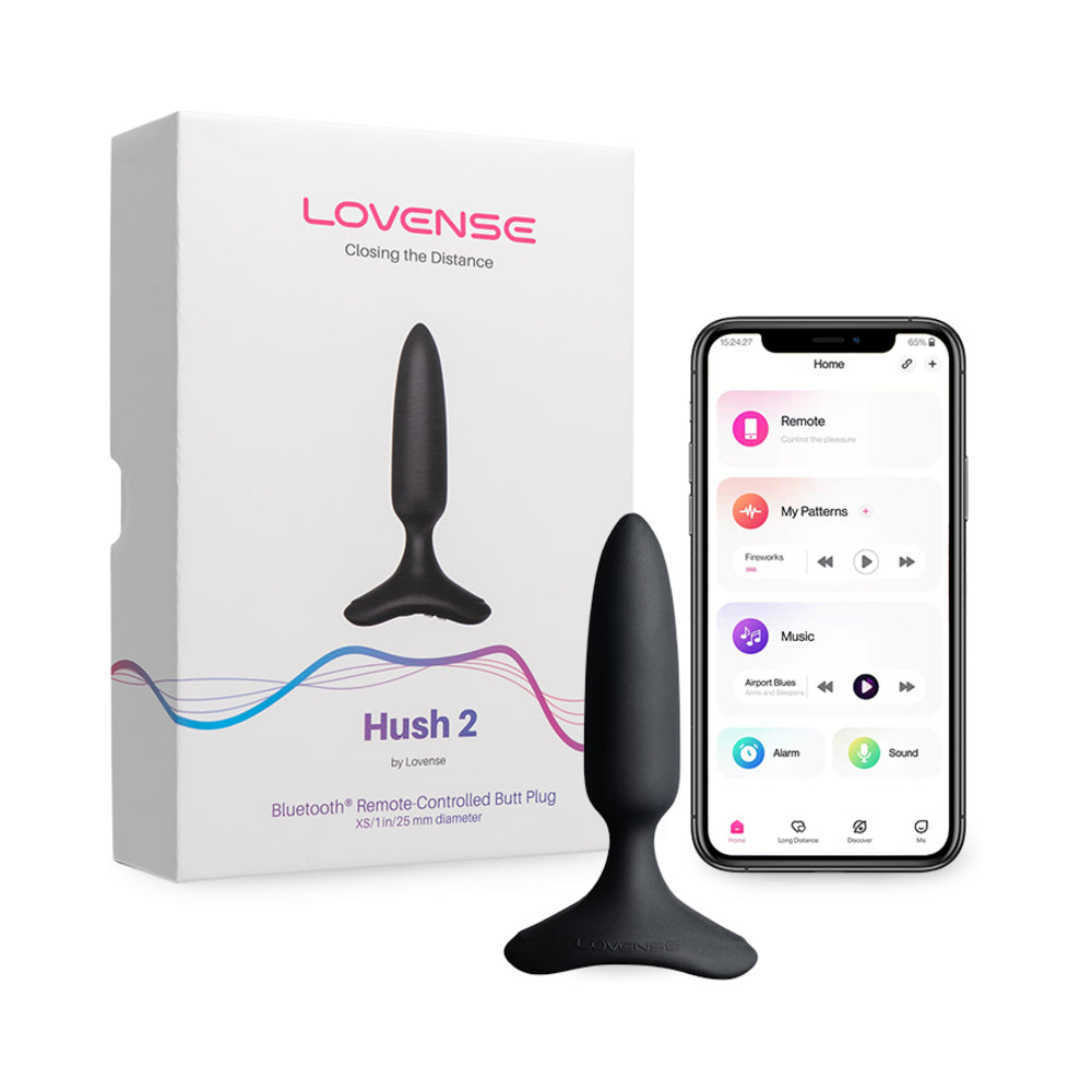 Black silicone Lovense Hush 2 vibrating butt plug XS on white background