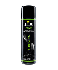 Pjur Aqua Aloe Vera water-based personal lubricant bottle with aloe leaf beside it on a clean surface.