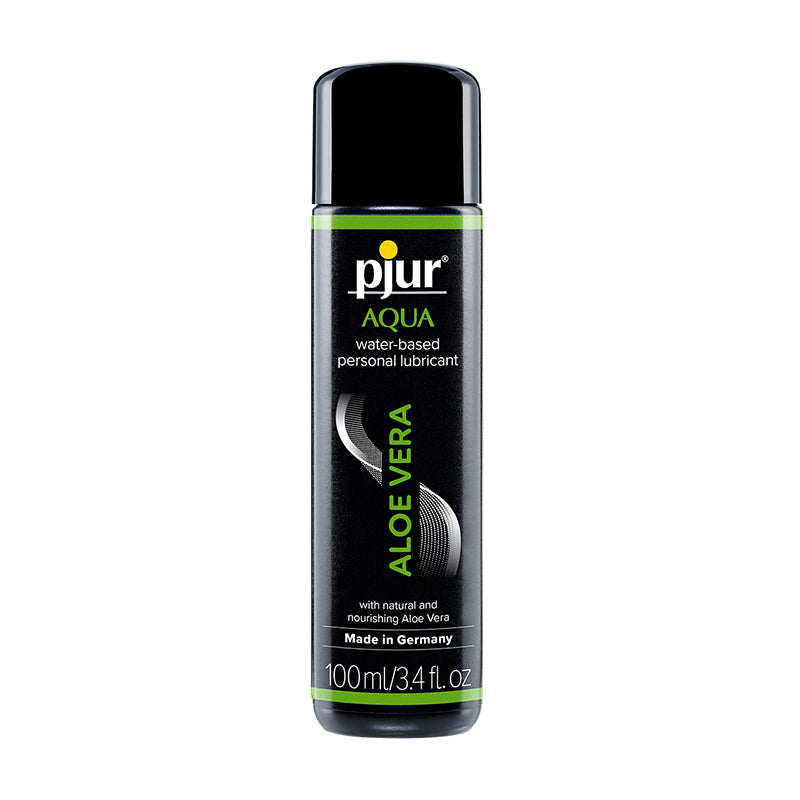 Pjur Aqua Aloe Vera water-based personal lubricant bottle with aloe leaf beside it on a clean surface.