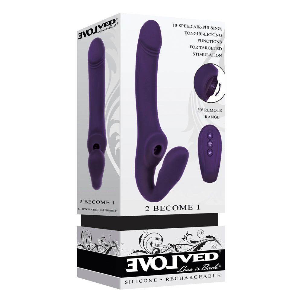 Evolved 2 Become 1 rechargeable remote-controlled silicone strapless strap-on vibrator in purple