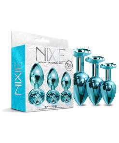 Nixie Metal Butt Plug Trainer Set: three blue metallic anal plugs in graduated sizes with sparkling jewel bases