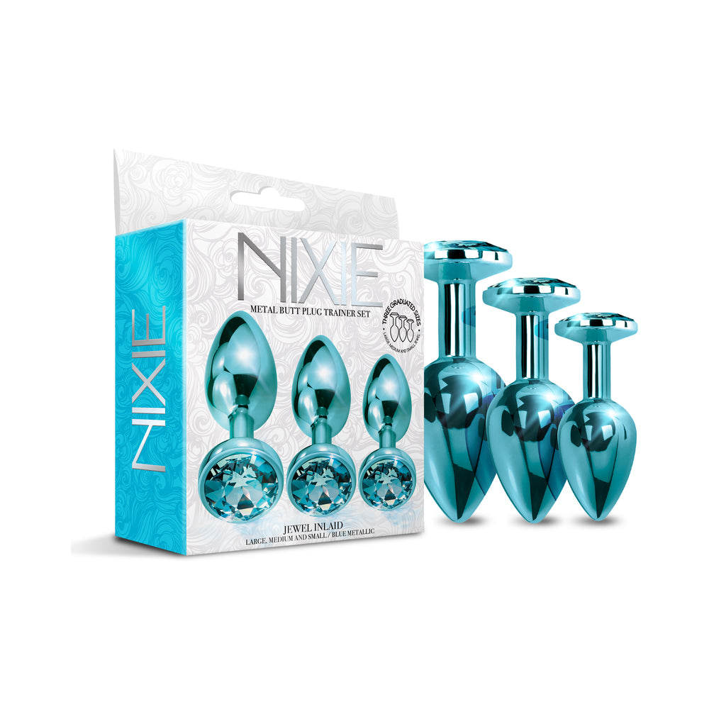 Nixie Metal Butt Plug Trainer Set: three blue metallic anal plugs in graduated sizes with sparkling jewel bases