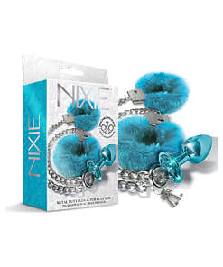 Nixie Metal Butt Plug & Furry Handcuff Set with medium blue jewel plug
