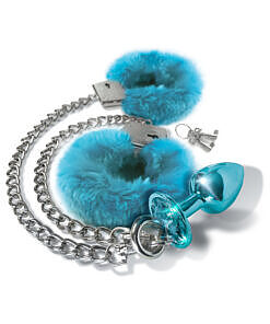 and faux-fur-lined metal cuffs on a plain background.