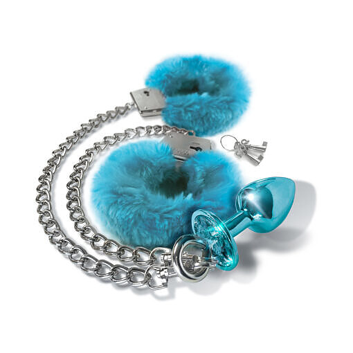 and faux-fur-lined metal cuffs on a plain background.