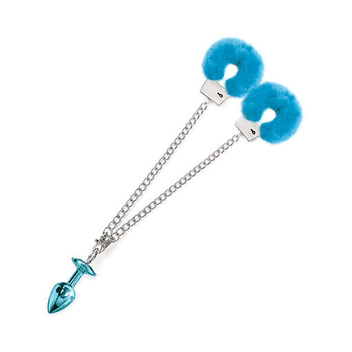 Nixie Metal Butt Plug & Furry Handcuff Set Medium? Blue Metallic - Image 5